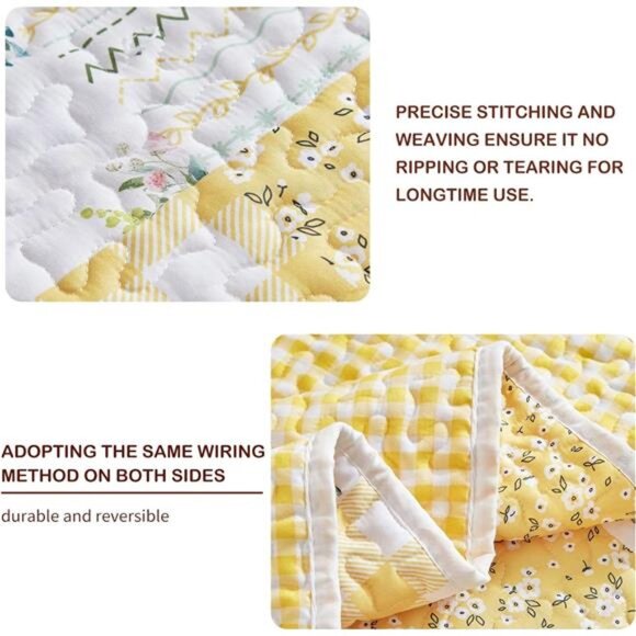 3 Pieces Floral Patchwork Quilt Set Queen, Yellow n White Flowers - Picture 4 of 8